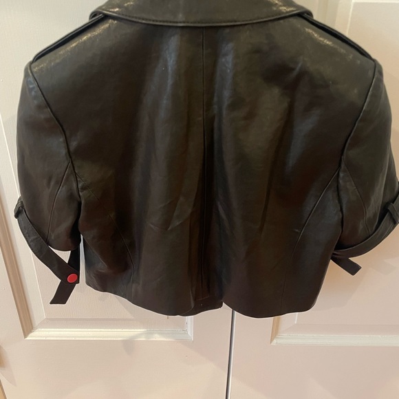 Alice + Olivia black leather cropped biker jacket with pink accents - Picture 2 of 2